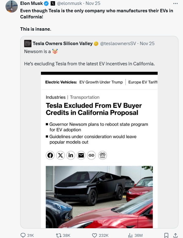 2024 11 27 Musk X about Tesla Tax Credit
